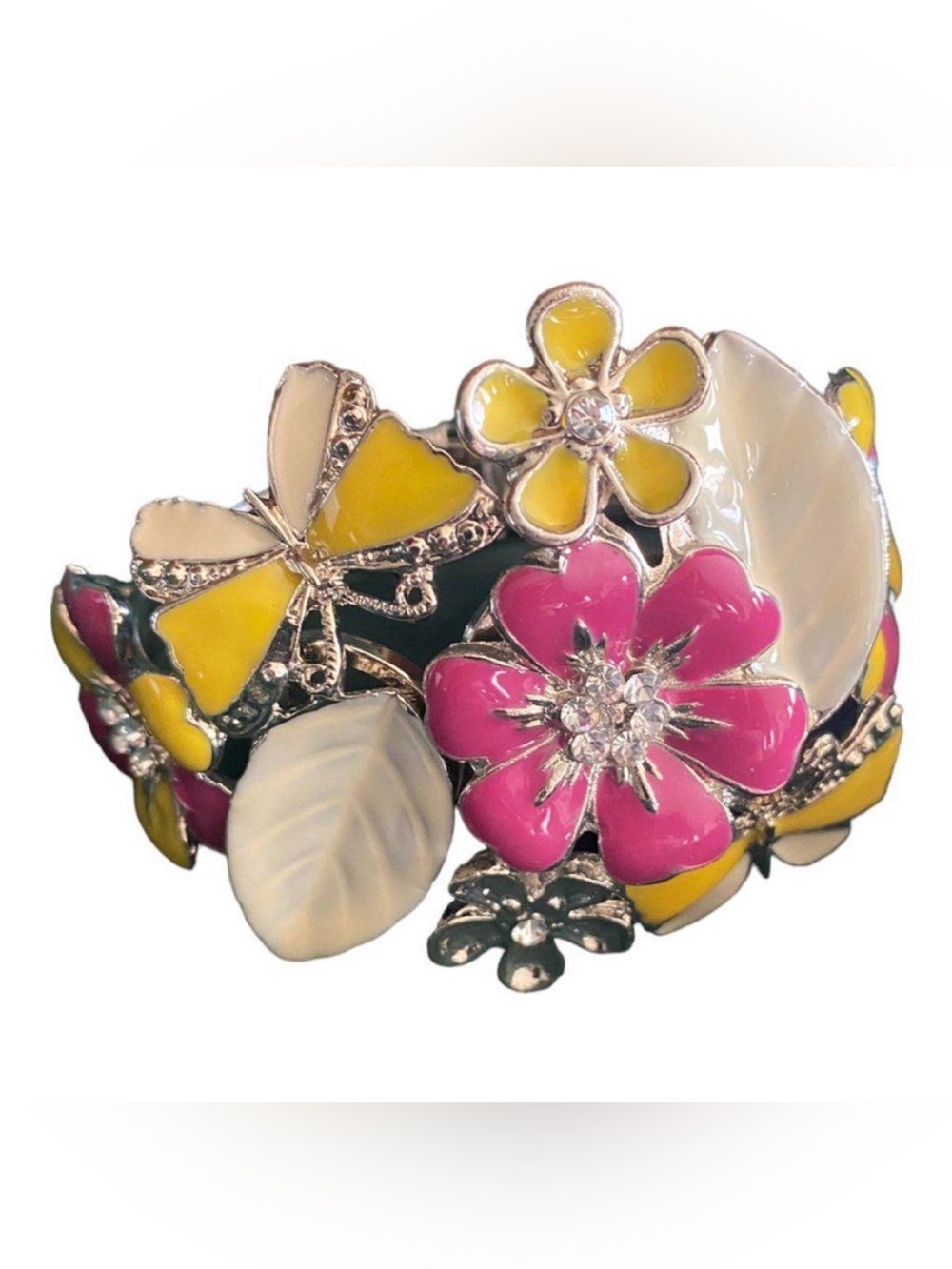 Vintage Floral Butterfly Hinged Cuff Bracelet EUC